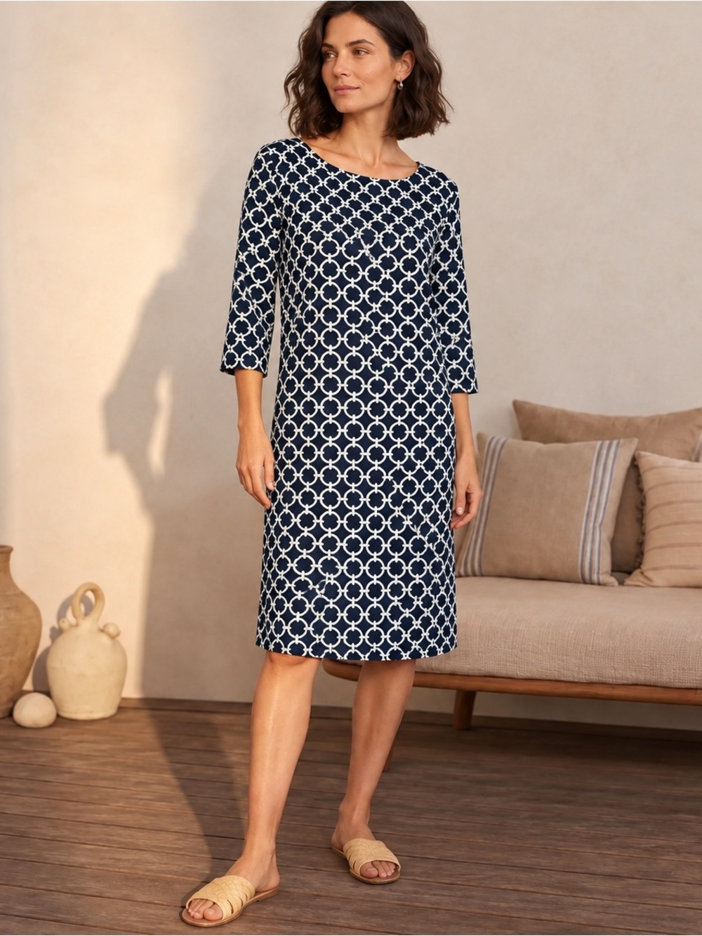 Brooks Brothers Navy White Geometric Shift Dress 3/4 Sleeve Size 12